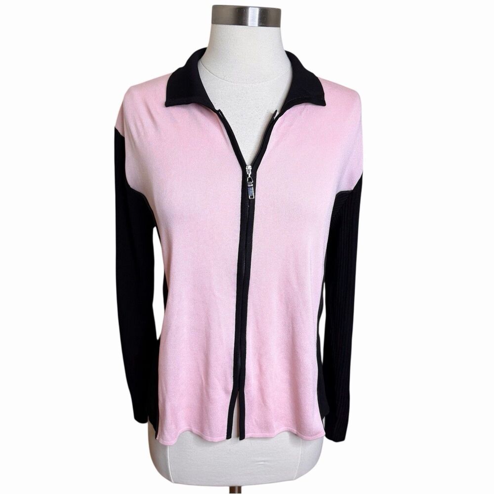 Misook Zip Front Knit Cardigan Womens M Pink Black Colorblock Long Sleeve Preppy